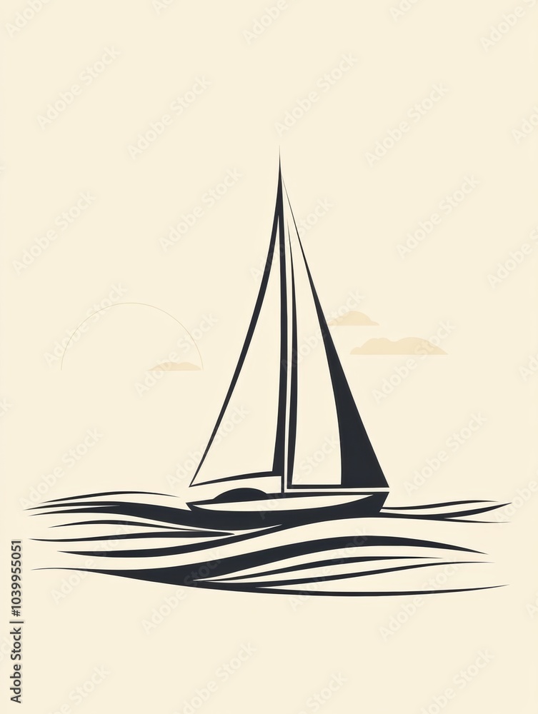 Aufkleber The sailboat navigates smoothly across serene, minimalist waves under a tranquil sky, creating a calm atmosphere. Generative AI