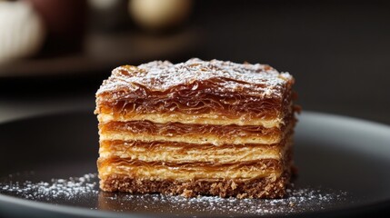 Delicious multilayered cake with powdered sugar on dark background