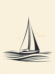 Fototapeta premium The sailboat navigates smoothly across serene, minimalist waves under a tranquil sky, creating a calm atmosphere. Generative AI
