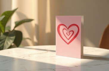 Pink valentine's day card standing on marble table with sunlight