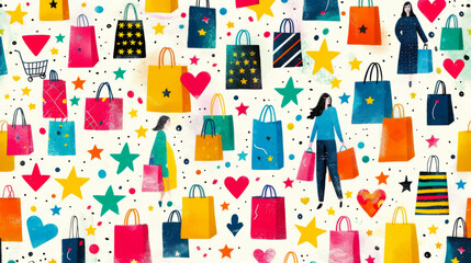 A collage of stars, shopping bags, shopping carts