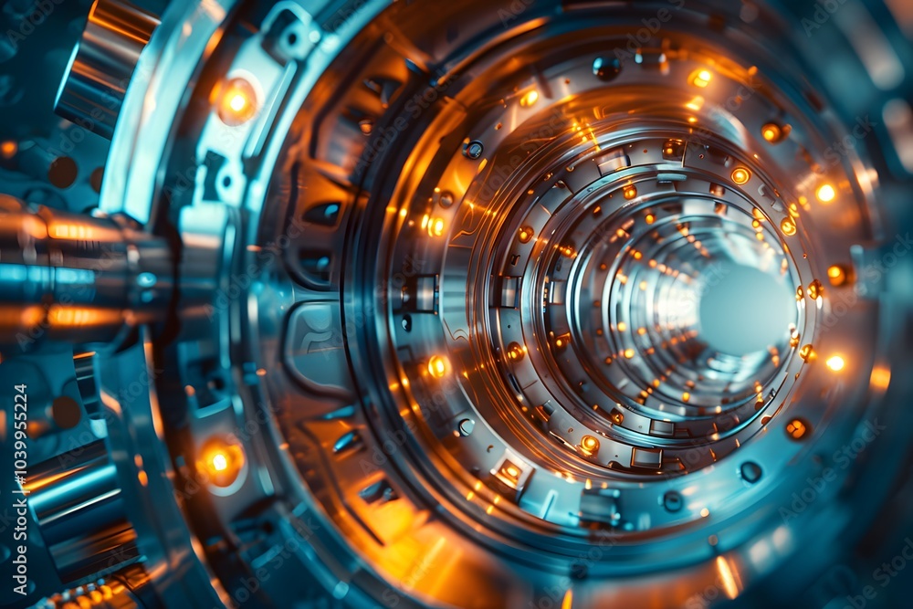 Poster futuristic tunnel of technology with glowing lights and metallic structures