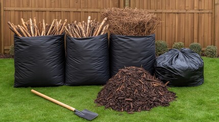Black plastic bags filled with garden waste sit on the lawn next to an old shovel and a pile of debris from trees