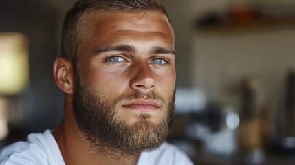 Fototapeta premium Close-up portrait of young man with beard looking serious, light hair, and blue eyes in kitchen workshop with tools.