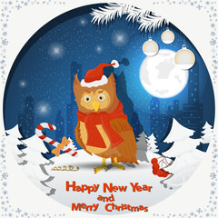 Illustration of the New Year and Christmas an Owl bird in a Santa hat among fir trees in the snow in a clearing