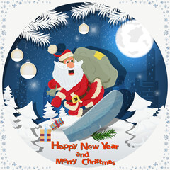 Illustration of the New Year and Christmas Santa Claus with a bag of gifts on a snowboard among fir trees in the snow in a clearing