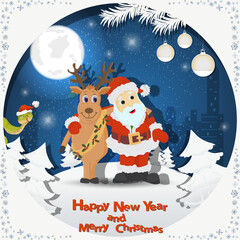 Illustration of the New Year and Christmas A deer and Santa hugging among the fir trees in the snow in a clearing