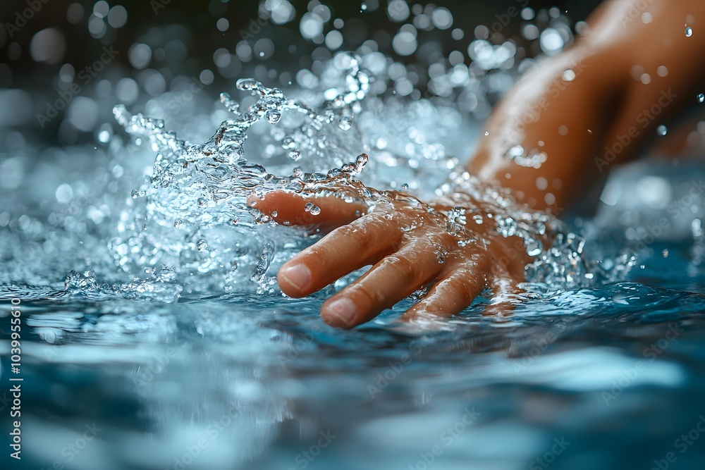Poster a hand splashes in water, capturing the dynamic movement and fluidity of the scene.