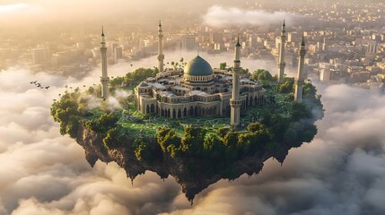 Naklejka premium 3d fantasy floating Mecca Kaba surface with Masjid al-Haram illustration of flying land with beautiful land scape. World landmark and historical place, tour guide for traveling agency