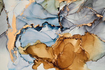 Flowing shapes and delicate metallic touches, abstract artwork on together rich tones and golden highlights. The liquid ink technique create fluidity, feeling of depth,  beauty