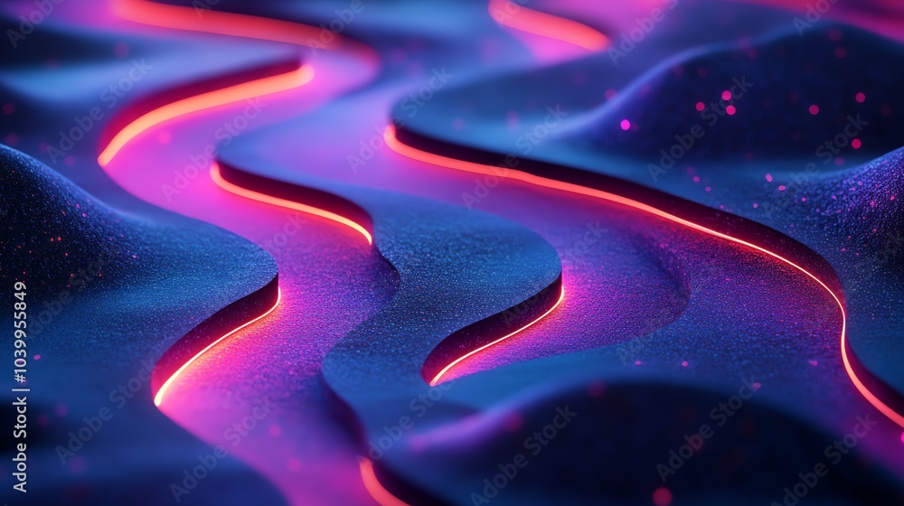 Poster abstract 3d rendering of a blue and pink textured surface with glowing neon lines.