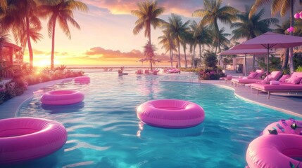 Obraz premium Sunset Oasis: Tropical Resort with Pool, Palm Trees, Lounge Chairs, and Sunset Sky Reflection in Crystal Clear Water.