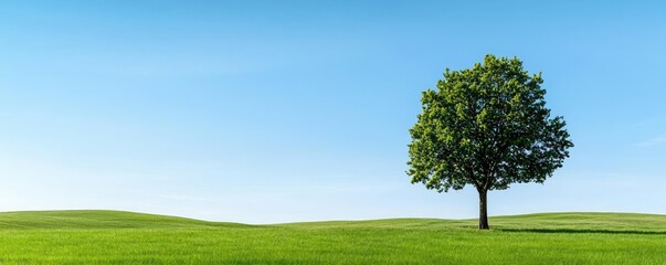 Obraz premium Lone tree on lush green grass under a clear blue sky.