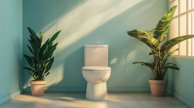 Modern Bathroom with White Toilet, Light Blue Walls, and Light-Colored Tile Floor, Featuring Potted Plants and Natural Light.