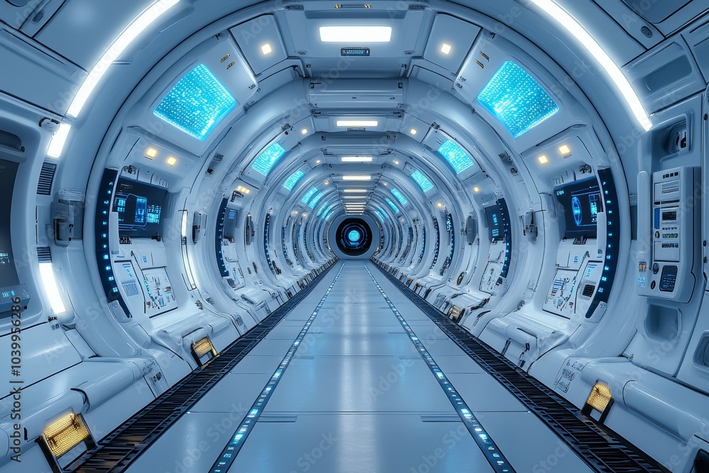 Poster a three-dimensional render of a futuristic corridor inside an interstellar spacecraft