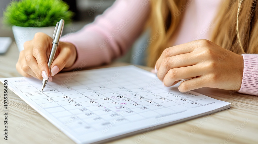 Poster A person confidently using a planner with a pen surrounded by an organized desk setup symbolizing time management and efficient planning Stock Photo with side copy space
