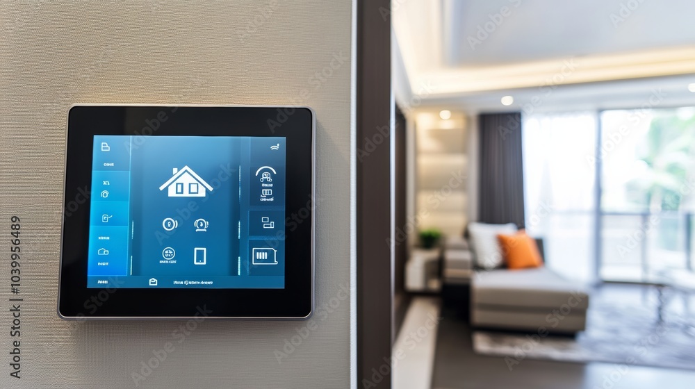 Aufkleber a high-tech smart home control panel with a digital interface, clean and stylish living room setting