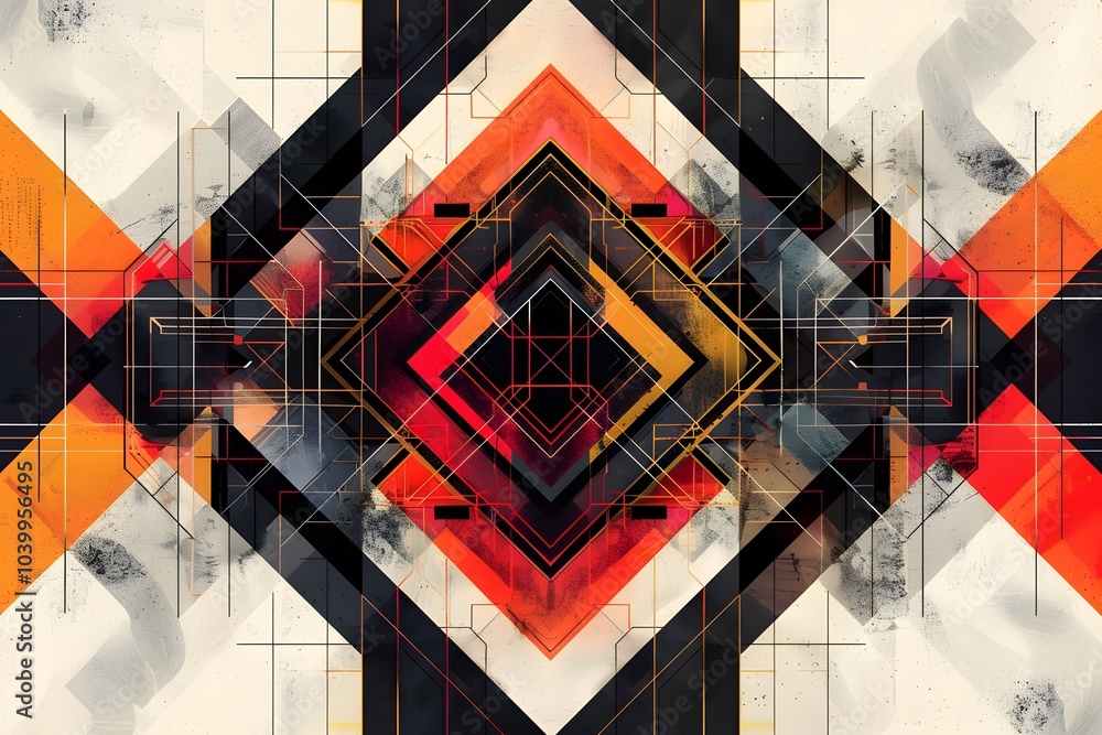 Poster vibrant geometric abstraction with bold colors and intricate patterns
