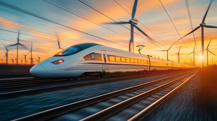 Fototapeta premium A high speed train travels past wind turbines at sunset, showcasing blend of modern transportation and renewable energy. scene captures essence of sustainable travel