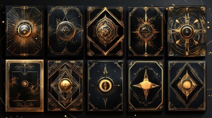 Nine Elegant Square Cards with Gold Accents on Black Background, Each Featuring Unique Design Patterns Arranged in Grid Formation