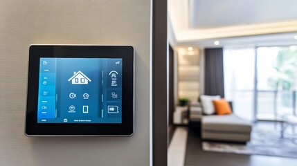 A high-tech smart home control panel with a digital interface, clean and stylish living room setting, Smart-tech style