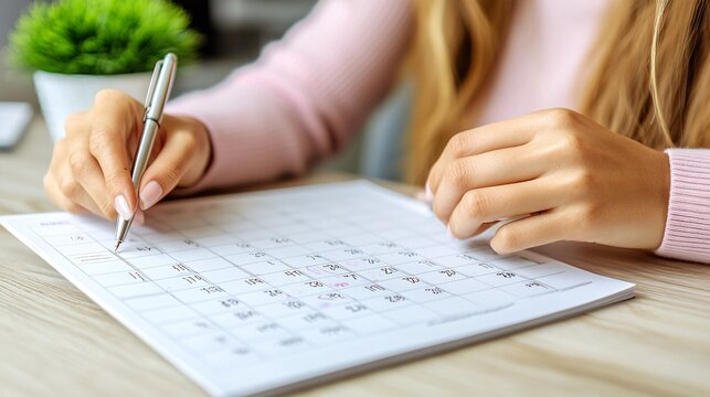A person confidently using a planner with a pen surrounded by an organized desk setup symbolizing time management and efficient planning Stock Photo with side copy space
