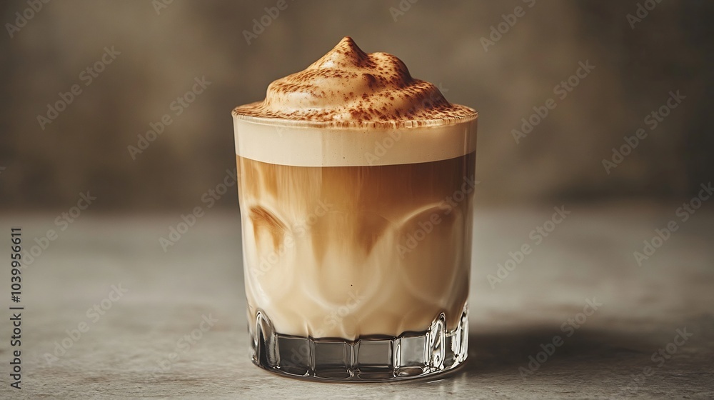 Poster frothy dalgona coffee a clear glass featuring a velvety coffee foam on top all set against a muted g