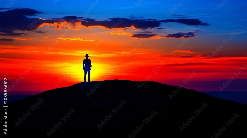 Poster a person standing on a hill at sunrise looking forward with a smile and confident stance symbolizing