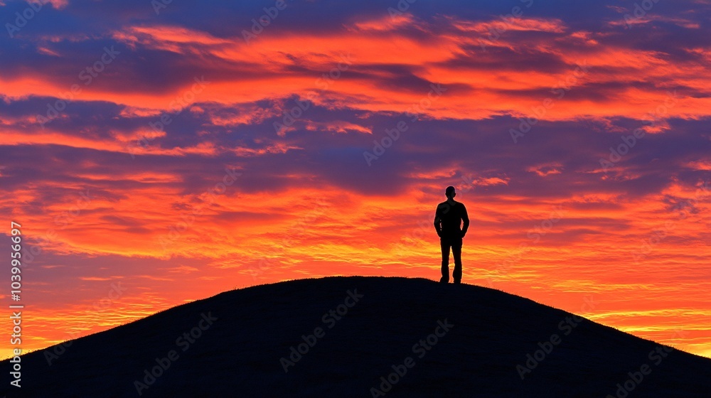 Poster a person standing on a hill at sunrise looking forward with a smile and confident stance symbolizing