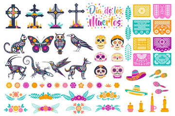large set elements Mexican day of the dead with skeletons of animals with flowers, botanical floral borders, altars with crosses grave, sugar skulls and papel picado isolated on a white background