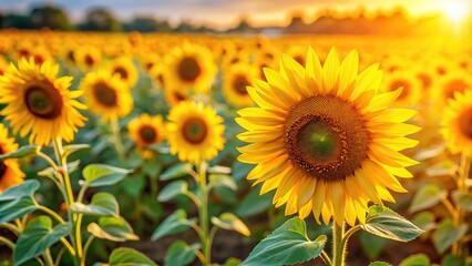 Fototapeta premium Close-Up view of green sunflower field in summer, selective focus
