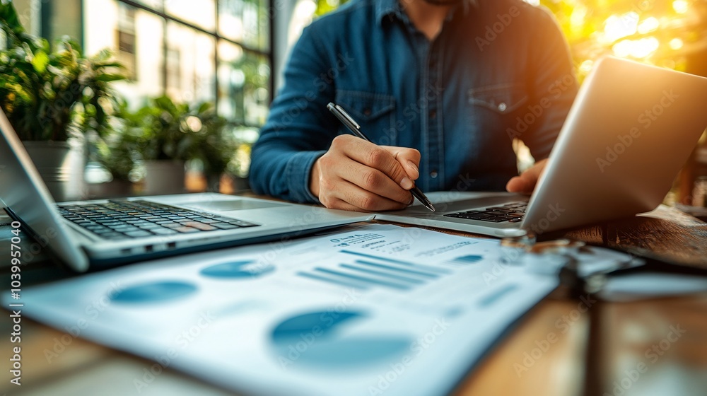 Poster A man working on a new skill on his laptop while taking notes symbolizing active learning and dedication to personal development Stock Photo with side copy space