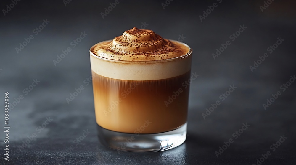 Poster frothy dalgona coffee a clear glass featuring a velvety coffee foam on top all set against a muted g