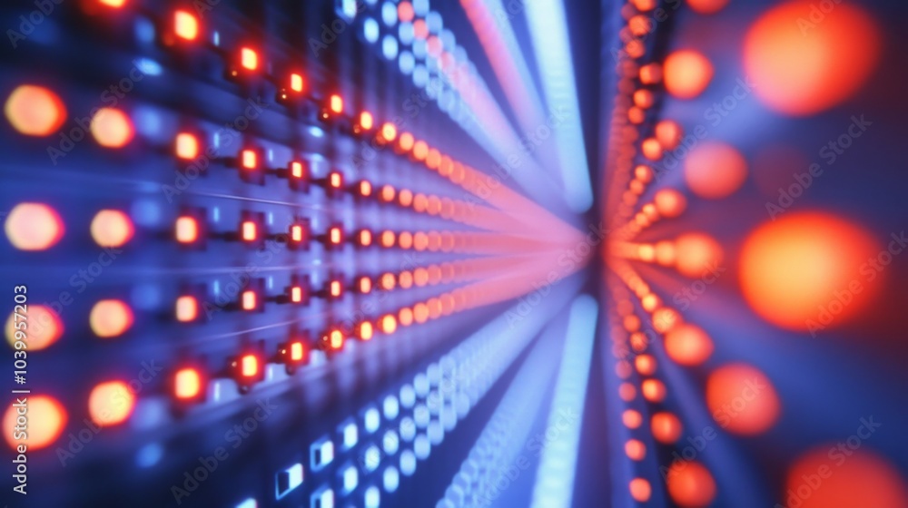 Poster vibrant close-up of server rack with grid-like red and blue led lights, creating futuristic technolo