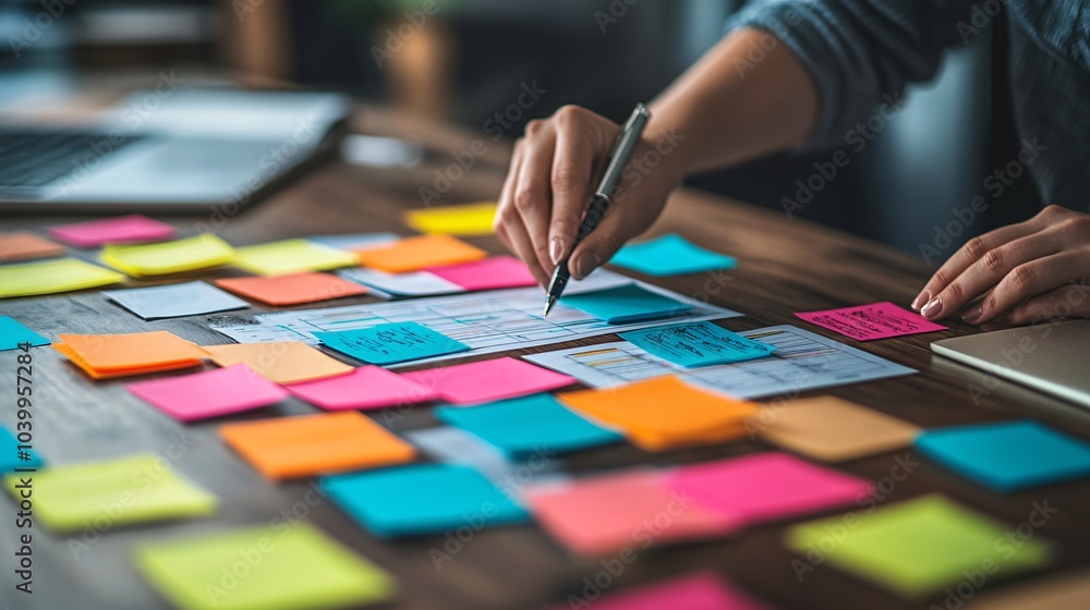 Aufkleber A team of coworkers collaborating efficiently in an organized office setting with task lists and charts symbolizing time management and teamwork Stock Photo with side copy space