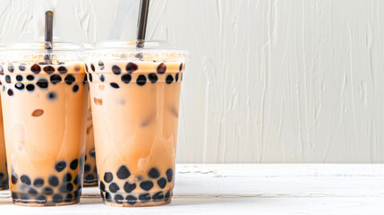 Three cups of bubble tea are lined up on a table