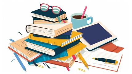 Stack of books with a pen and a cup of coffee on top