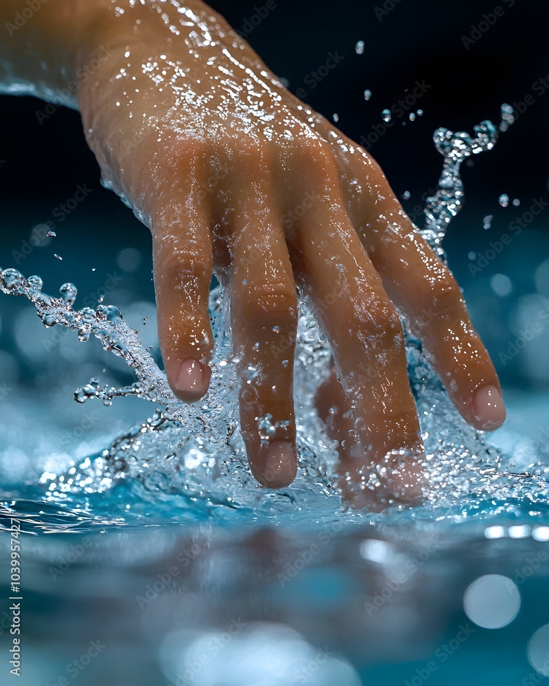 Poster a hand splashes in water, creating dynamic droplets and ripples.