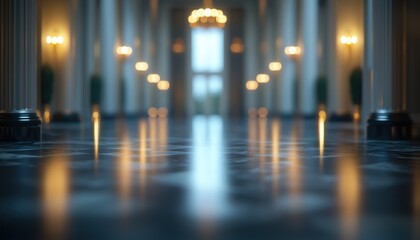 Elegant hallway with vintage chandeliers and polished floor, creating a sophisticated atmosphere.