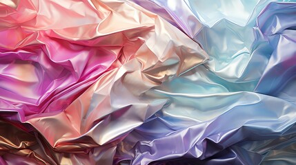 Abstract background of colorful, iridescent fabric with soft folds and wrinkles.