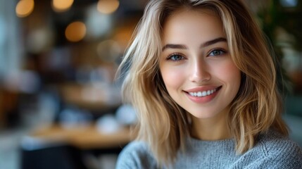 Obraz premium Close-Up Portrait of Young Woman with Blonde Hair Smiling Happily in Cafe with Soft Natural Lighting and Blurred Background