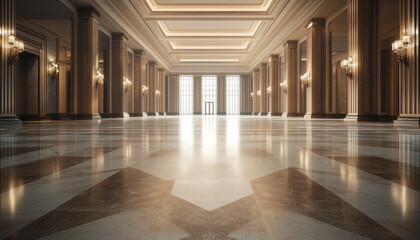 Naklejka premium Elegant interior of a grand hall with polished marble floor and tall columns, featuring soft ambient lighting.