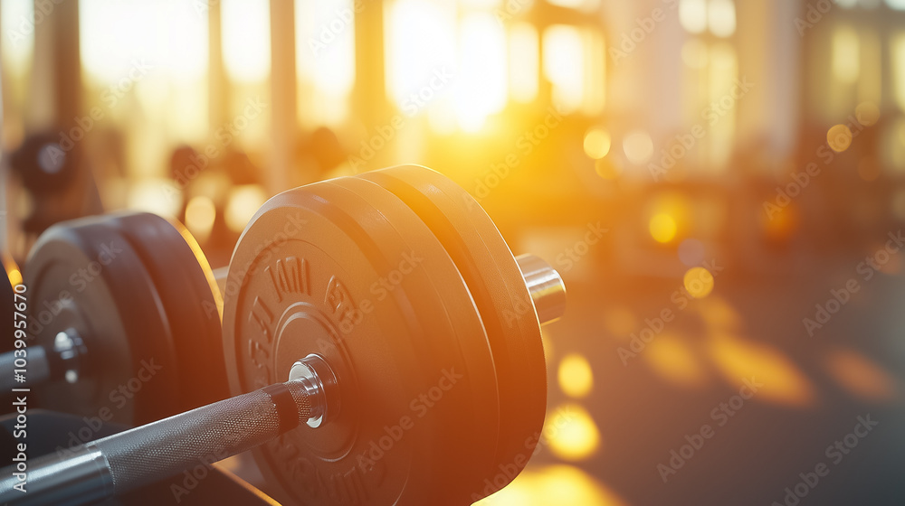 Wall mural Dumbbells and fitness equipment showcased in a brightly lit gym during early morning workout sessions