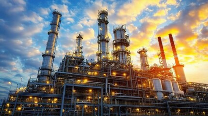 Fototapeta premium Industrial Power Plant at Sunset with Dramatic Clouds