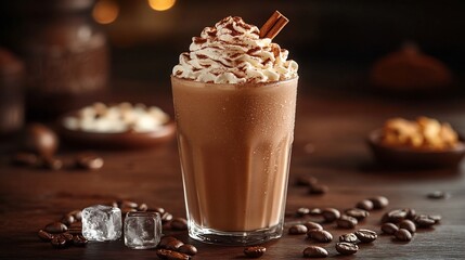 Fulllength view of delicious coffee milkshake glass topped whipped cream ice cubes and a cinnamon stick Surrounding the glass are coffee beans chocolate sauce and water droplets for a refreshing look