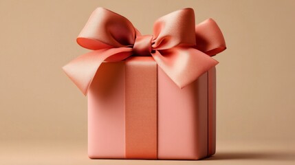 Obraz premium Elegant Light Pink Gift Box with Large Bow on Plain Beige Background - Minimalistic and Stylish Aesthetic