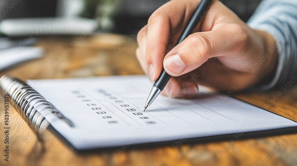 Aufkleber A busy professional checking off completed tasks from a list while working in a bright office space symbolizing productivity and time management Stock Photo with side copy space
