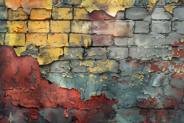 Obraz premium Vibrant Textures of a Weathered Brick Wall with Peeling Paint