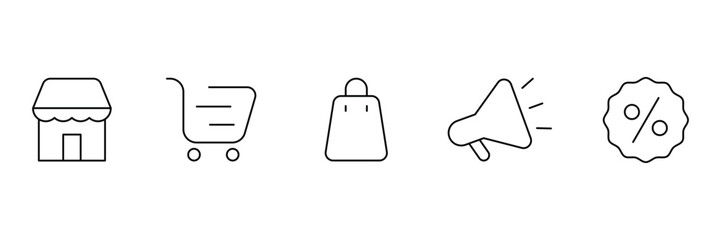 Set of web Marketplace shop store icon collection. Promotion loudspeaker, Sale badge, percent, Shopping bag symbol. Vector Illustration.