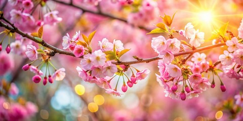 Obraz premium Enchanting Sakura Kanzan Tree in a Japanese Garden During Hanami Festival with Bokeh Effect and Sunlit Pink Blossoms